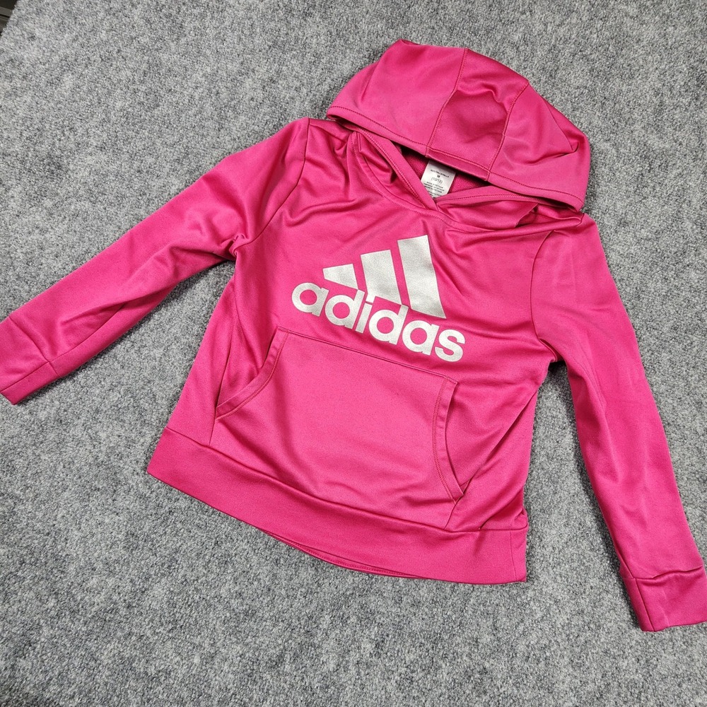 Adidas Girls Pink Silver Metallic Logo Pullover Hoodie Sweatshirt Size M 10/12